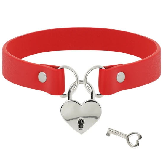 Colier din Piele Vegană Roșie cu Accesoriu Inimă și Cheie