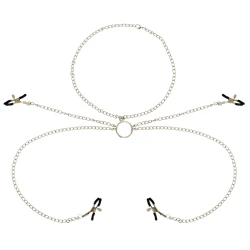 Set accesorii tip fetish, model cu clești pentru 4 mameloane, cu colier cu lanț