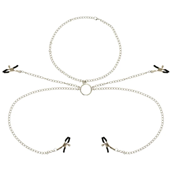 Set accesorii tip fetish, model cu clești pentru 4 mameloane, cu colier cu lanț