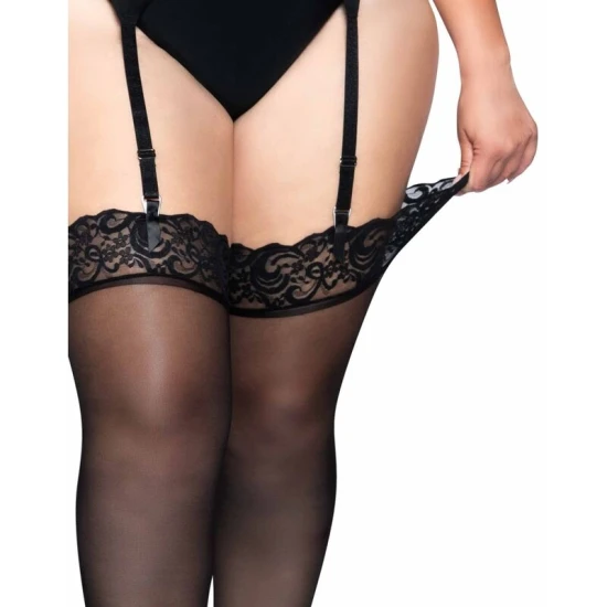 LEG AVENUE - Outlet - Ciorapi din nylon negri cu partea superioară din dantelă, plus