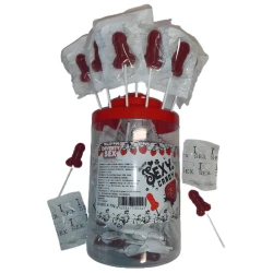 Bomboane tip lollipop tip penis, 50 buc, căpșuni & cireșe