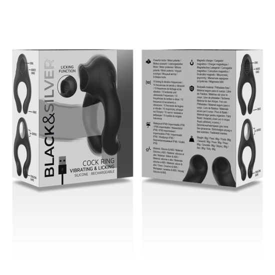 BLACK & SILVER - Inel vibrator din silicon, 3 motoare, reincarcabil, Negru