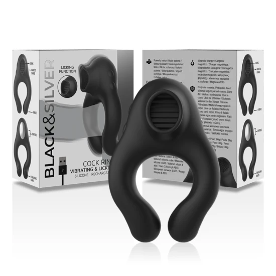 BLACK & SILVER - Inel vibrator din silicon, 3 motoare, reincarcabil, Negru