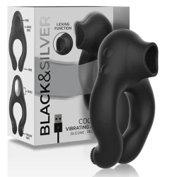 BLACK & SILVER - Inel vibrator din silicon, 3 motoare, reincarcabil, Negru