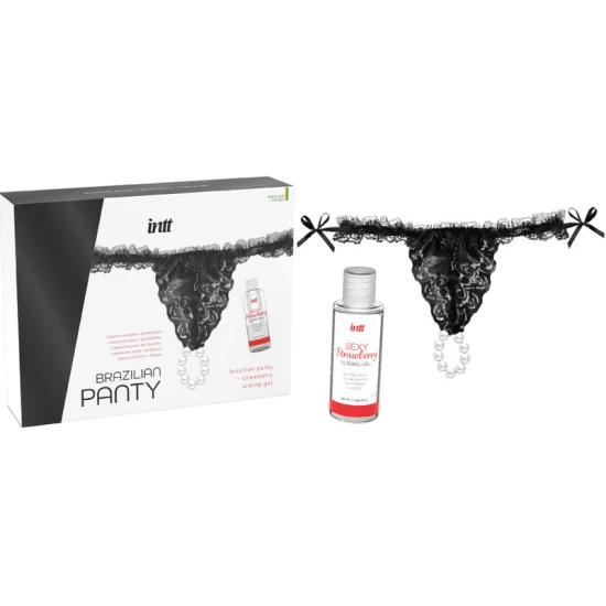 Set intt: chiloti brazilieni negri cu perle și gel lubrifiant cu aromă de căpșuni, 50 ml