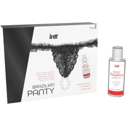 Set intt: chiloti brazilieni negri cu perle și gel lubrifiant cu aromă de căpșuni, 50 ml