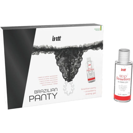 Set intt: chiloti brazilieni negri cu perle și gel lubrifiant cu aromă de căpșuni, 50 ml