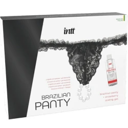Set intt: chiloti brazilieni negri cu perle și gel lubrifiant cu aromă de căpșuni, 50 ml