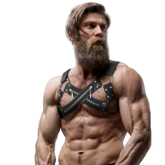 Atitudine fetish supusă - Ham cross-over pentru piept din neopren, cu fermoare, tip bulldog, pentru bărbați
