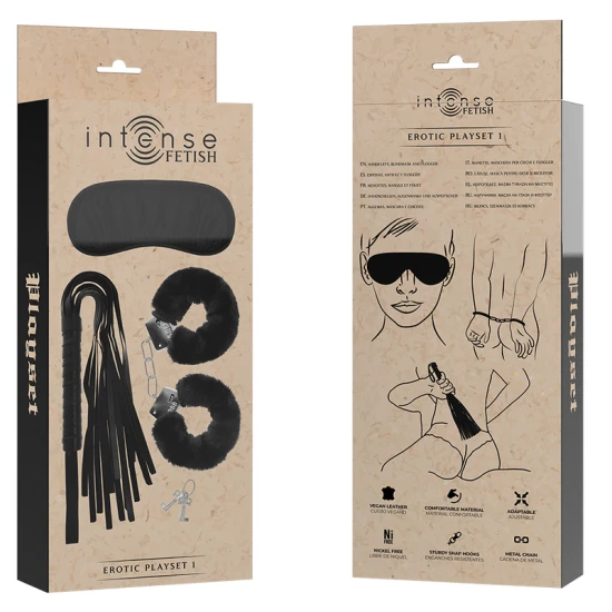 INTENSE - Set erotic tip fetish, cu cătușe, mască pentru ochi și bici, din piele ecologică