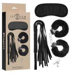 INTENSE - Set erotic tip fetish, cu cătușe, mască pentru ochi și bici, din piele ecologică