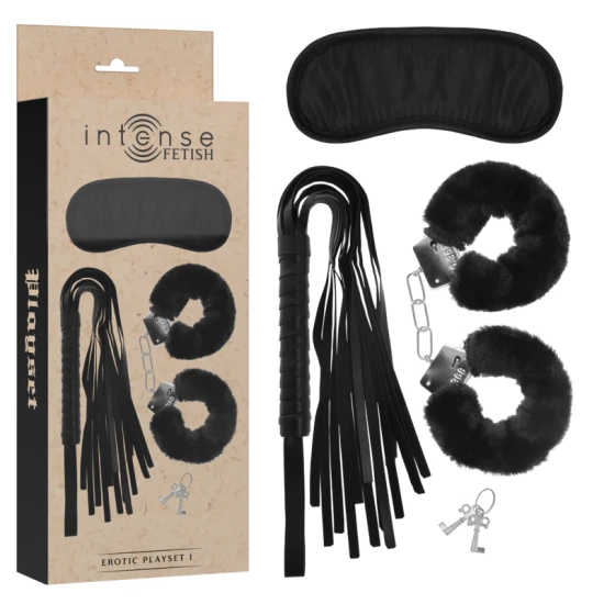 INTENSE - Set erotic tip fetish, cu cătușe, mască pentru ochi și bici, din piele ecologică