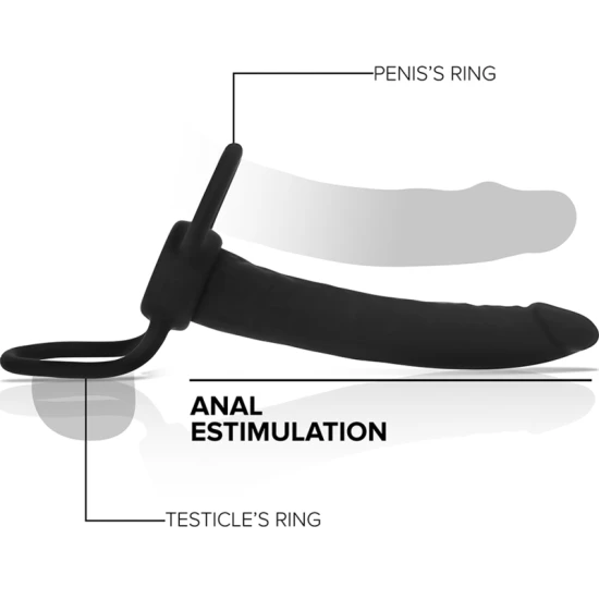 MYTHOLOGY - DILDO ANAL CU INEL PENTRU PENIS ȘI TESTICULE, Negru