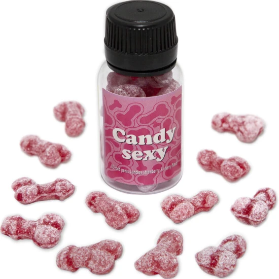 Candy sexy, borcan cu 12 jeleuri în formă de penis, aromă căpșuni-cireșe, roșu intens