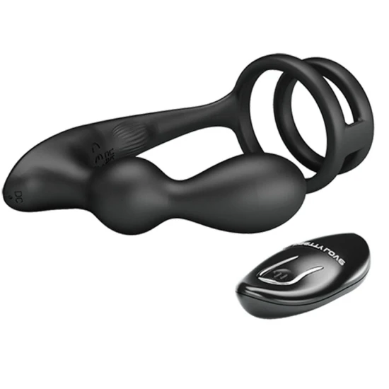 Inel penis cu plug anal vibrator, cu telecomandă, Roz