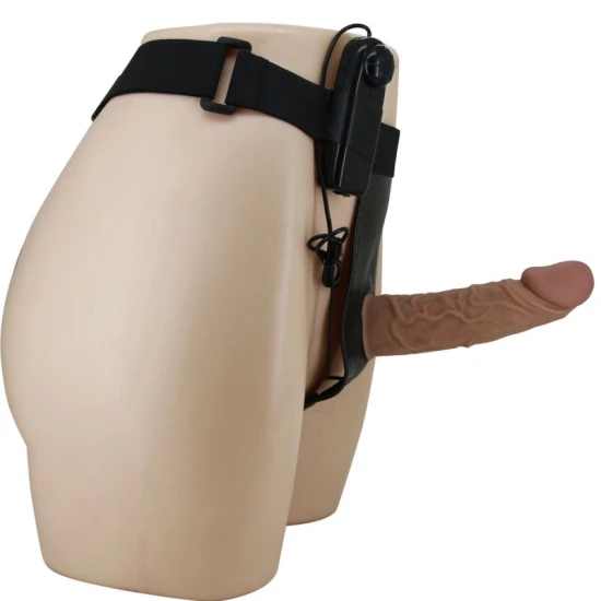 Ham strap-on cu vibrator inclus - Silicon marbrat, Negru, Mărime universală.