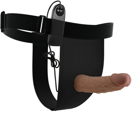 Ham strap-on cu vibrator inclus - Silicon marbrat, Negru, Mărime universală.