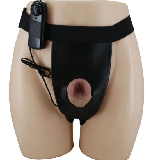Ham strap-on cu vibrator inclus - Silicon marbrat, Negru, Mărime universală.