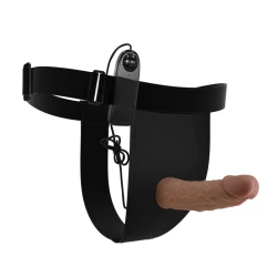 Ham strap-on cu vibrator inclus - Silicon marbrat, Negru, Mărime universală.