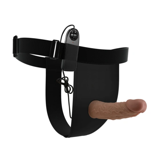 Ham strap-on cu vibrator inclus - Silicon marbrat, Negru, Mărime universală.