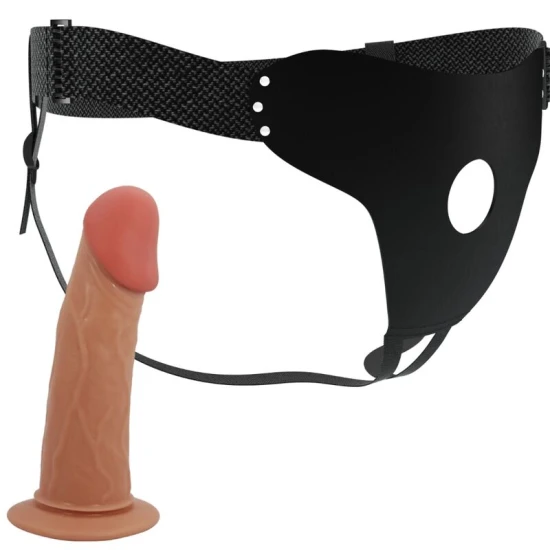 Harness cu dildo gol din TPR, negru, ajustabil