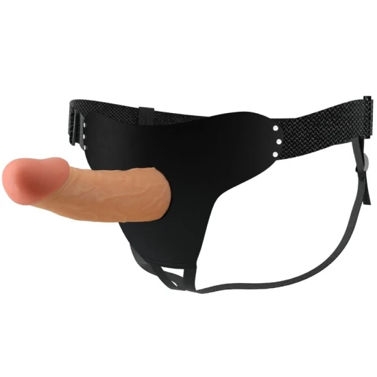 Harness cu dildo gol din TPR, negru, ajustabil