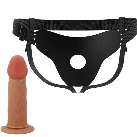 Harness cu dildo gol din TPR, negru, ajustabil