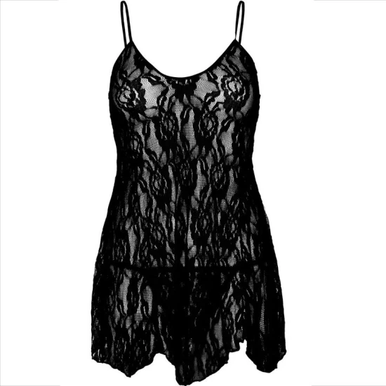 LEG AVENUE - Cămașă de noapte din dantelă cu flori, Negru