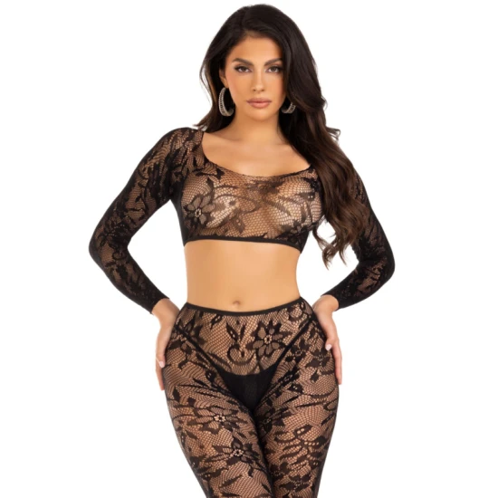 Set Top Scurt & Colanți - Dantelă Chantilly, Alb, Mărime Unică