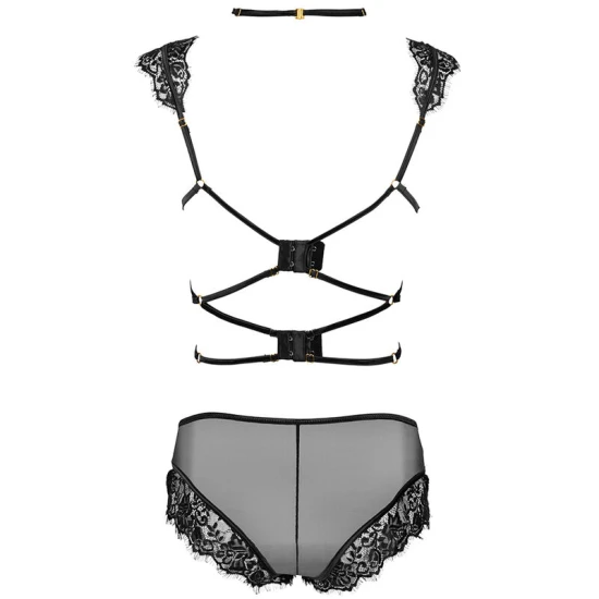 Set Sutien + Chiloți - Dantelă și Material Transparent, Negru, L/XL