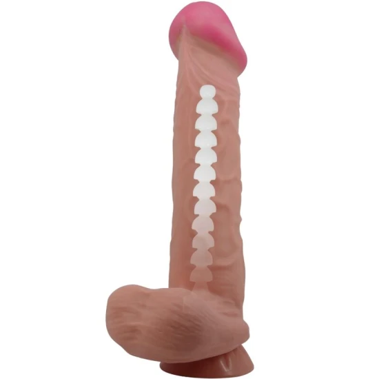 DILDO REALIST CU PIELE GLISANTĂ, Culoare Maro, 26 CM