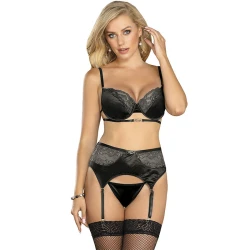 Set Subblime - Sutien, Chilot și Jartieră din Dantelă, Negru, S/M
