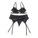 Set 3 Piese Sutien + Tanga + Jartieră Dantelă - Negru, L/XL