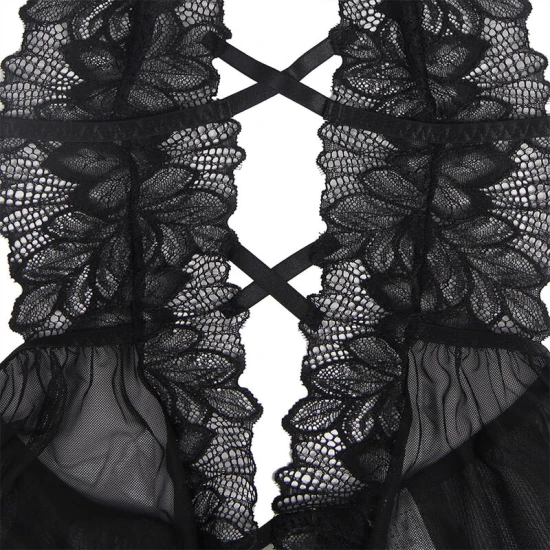 Teddy din dantelă, negru, L/XL, cu guler tip halter și fustă din tulle