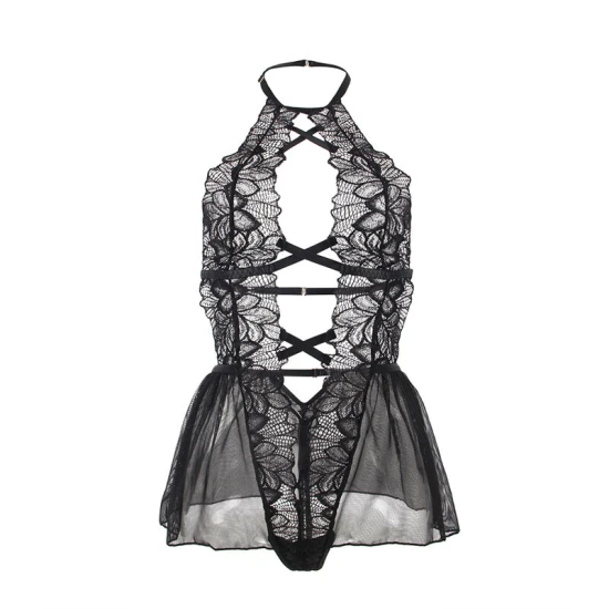 Teddy din dantelă, negru, L/XL, cu guler tip halter și fustă din tulle