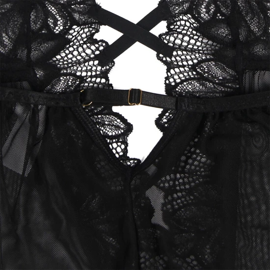 Teddy din dantelă, negru, L/XL, cu guler tip halter și fustă din tulle