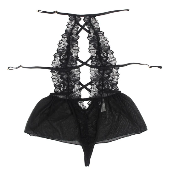Teddy din dantelă, negru, L/XL, cu guler tip halter și fustă din tulle