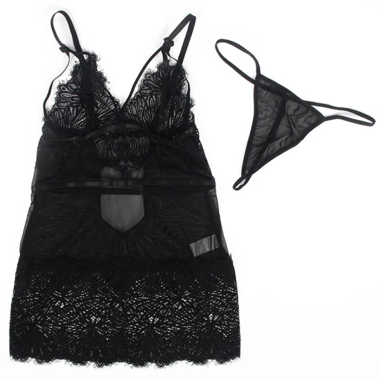 Babydoll din dantelă transparentă, negru, L/XL