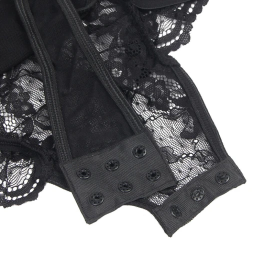 Teddy cu Portjartier cu Detalii din Dantelă și Benzi - Negru, L/XL