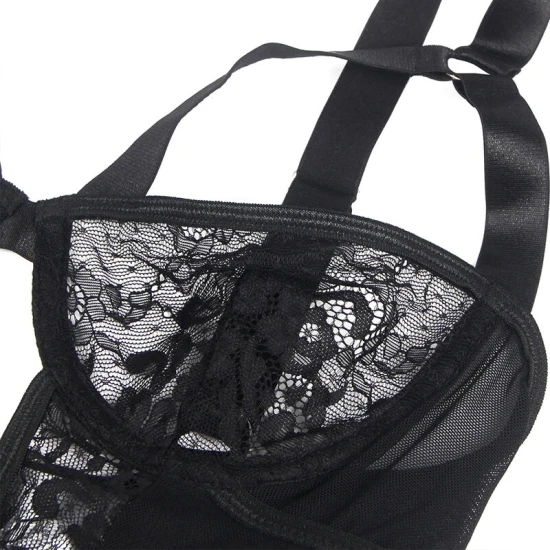 Teddy cu Portjartier cu Detalii din Dantelă și Benzi - Negru, L/XL