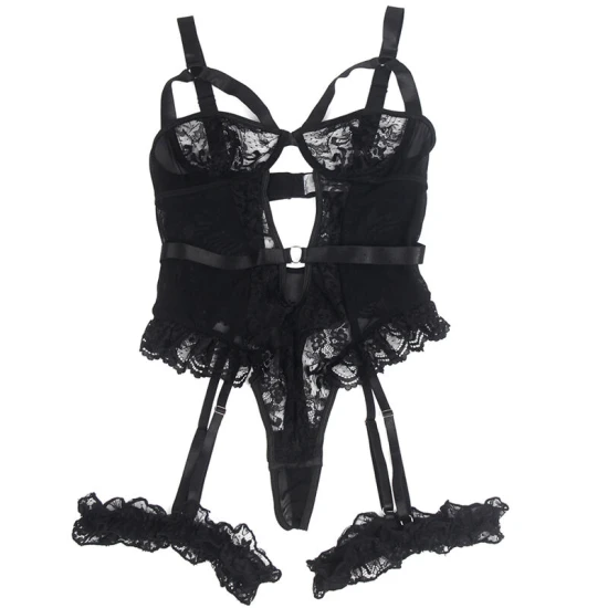 Teddy cu Portjartier cu Detalii din Dantelă și Benzi - Negru, L/XL
