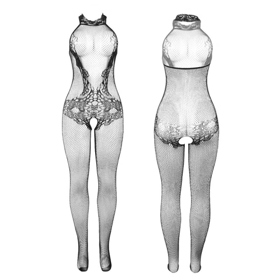 Sublime - 951801 Body tip fishnet și dantelă fără bretele la crutch, guler înalt, Negru, one size