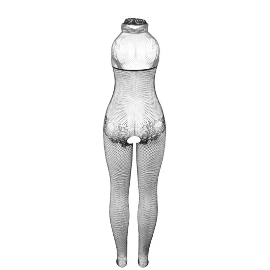 Sublime - 951801 Body tip fishnet și dantelă fără bretele la crutch, guler înalt, Negru, one size