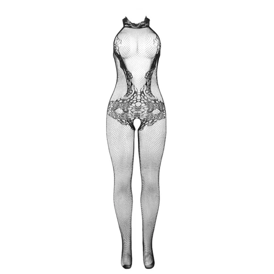 Sublime - 951801 Body tip fishnet și dantelă fără bretele la crutch, guler înalt, Negru, one size