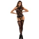 SUBBLIME - Body tip fishnet cu linii pentru jartiere și detalii florale, Negru, One Size