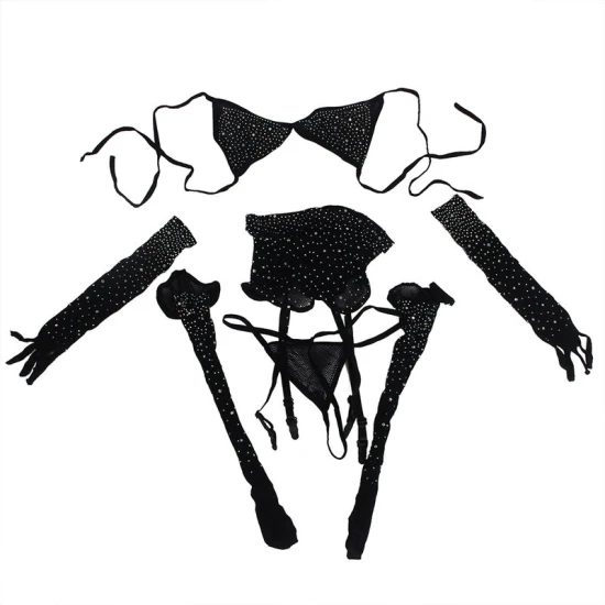 SUBBLIME - Body tip fishnet cu mănuși și imprimeu cu diamante, Negru, One Size
