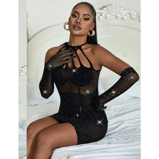 Rochie tip fishnet cu strasuri din nailon/elastan, negru, One Size