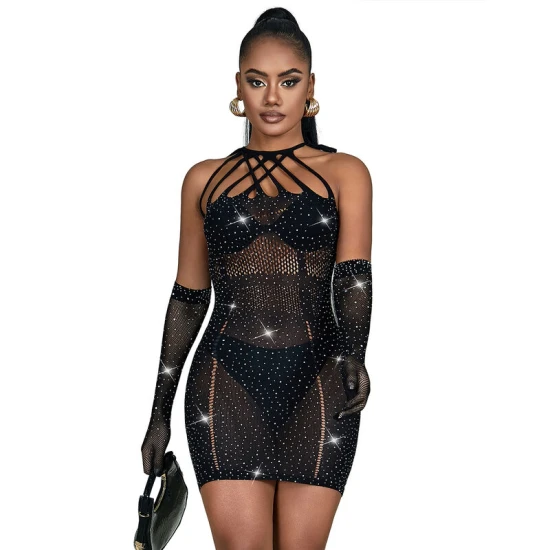 Rochie tip fishnet cu strasuri din nailon/elastan, negru, One Size