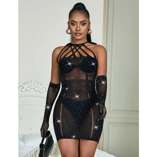 Rochie tip fishnet cu strasuri din nailon/elastan, negru, One Size