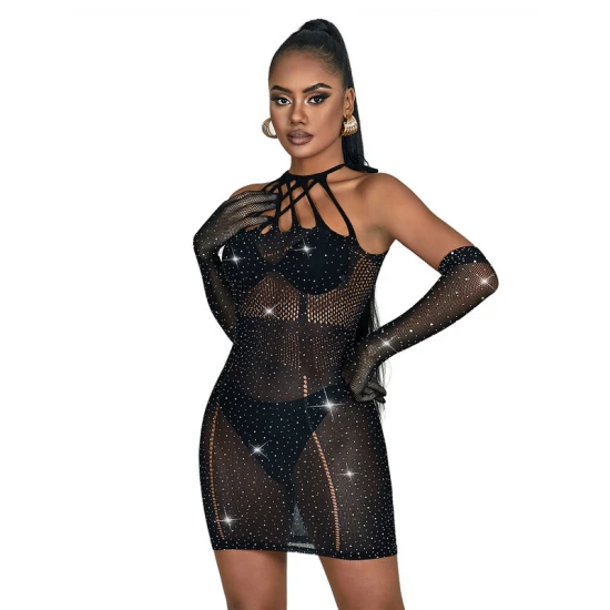 Rochie tip fishnet cu strasuri din nailon/elastan, negru, One Size